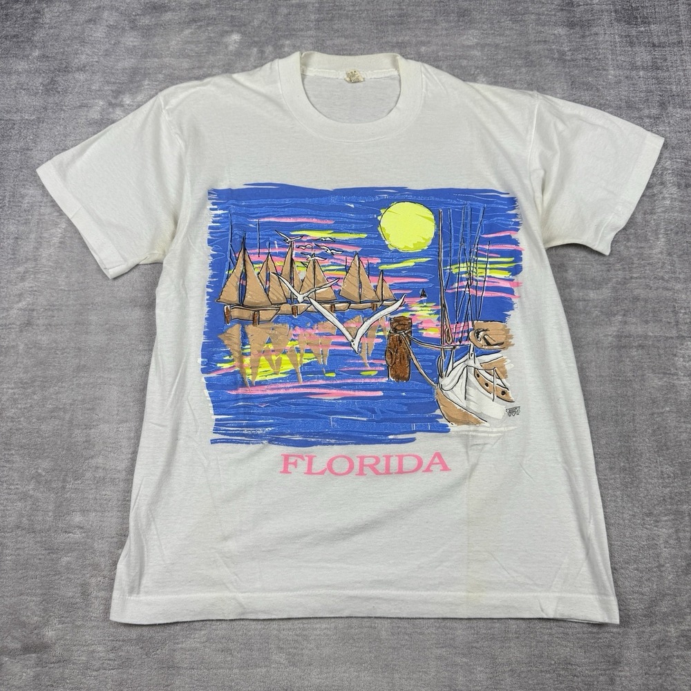 Vintage Florida Shirt Mens Large White 80s Sailing‎ Art Puff Print Single Stitch